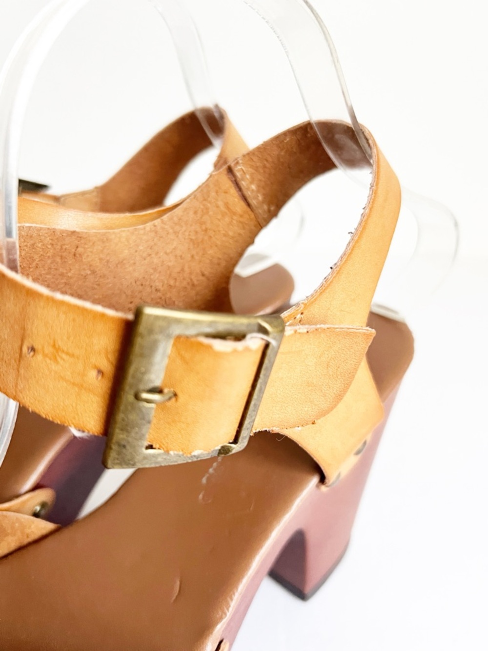 SZ 7 Pierre Dumas Women’s Tan Leather Platform Sandal Heels 70’s - Picture 6 of 9